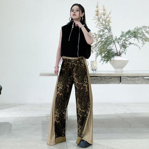 Color-blocked pleated leopard print long wide-leg denim pants DLZ255501