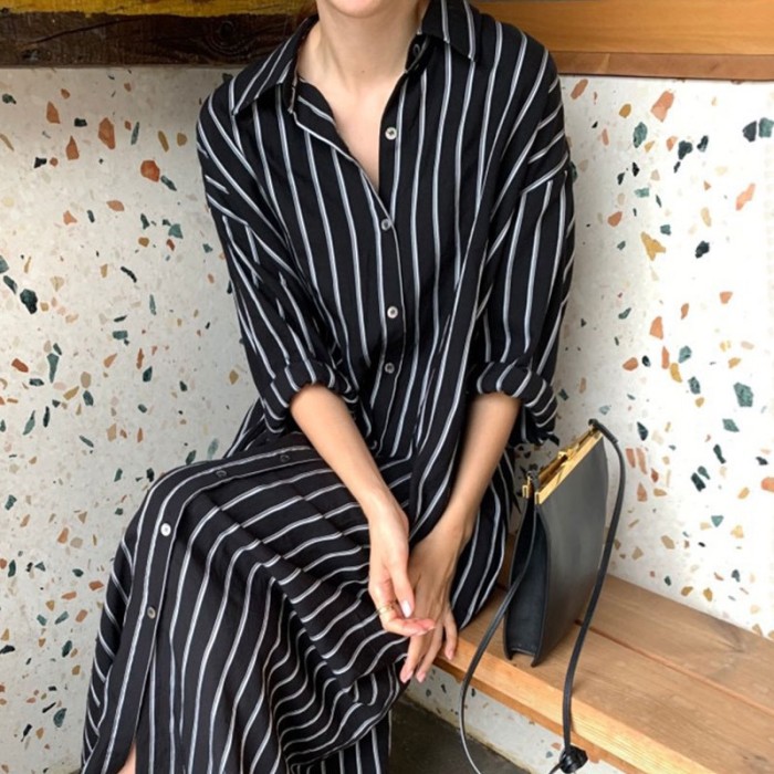 Vintage Single Breasted Striped Women's Long Shirts Dresses  New Korean Long Sleeve Casual Loose Dresses Female  DLZCS801M
