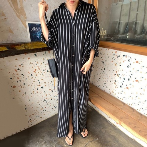 Vintage Single Breasted Striped Women's Long Shirts Dresses  New Korean Long Sleeve Casual Loose Dresses Female  DLZCS801M