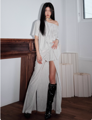 Shining T-shirt Irregular Skirt Two Pieces Suit New Skew Collar Sleeve Women Fashion Tide Spring Summer 