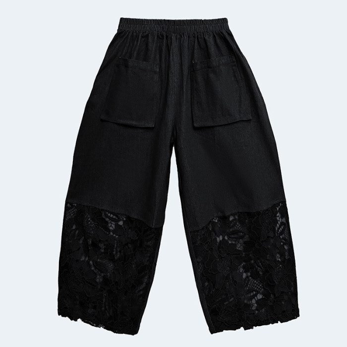 High Elastic Waist Black Pocket Lace Hollow Out Wide Leg Pants New Trousers Women Fashion Tide Spring Autumn  DLZ090417