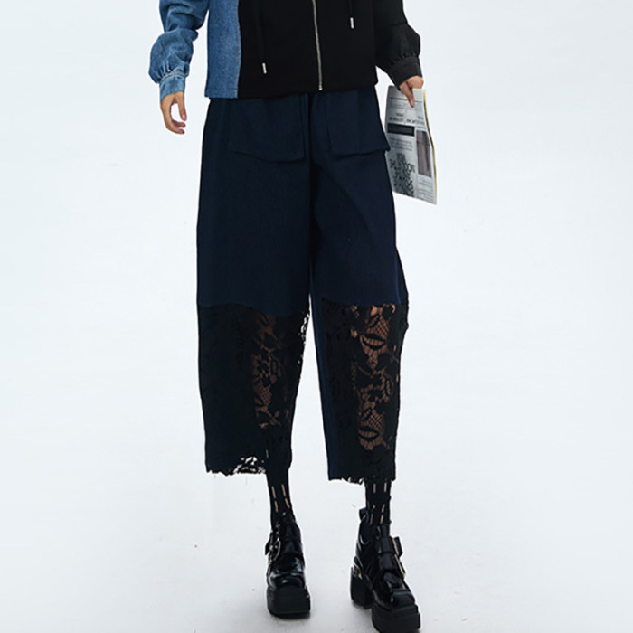 High Elastic Waist Black Pocket Lace Hollow Out Wide Leg Pants New Trousers Women Fashion Tide Spring Autumn  DLZ090417