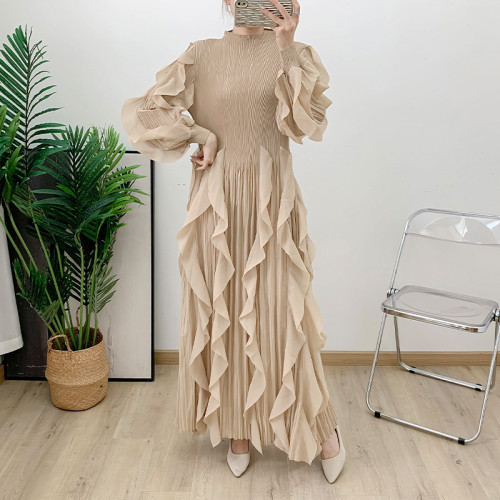 Elegant Pleated Dress For Women Stand Collar Puff Sleeves High Stretch Personalized Dresses   DLZ281701