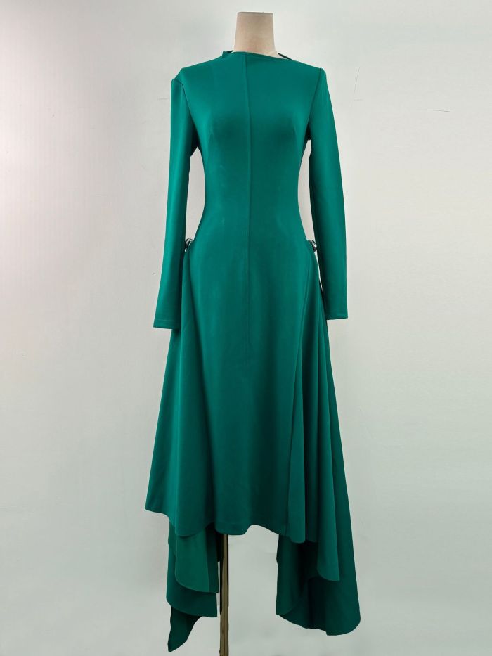 Dress Skew Collar Long Sleeves Waist Retraction Solid Color Asymmetric Hem Women's Dresses 13DL79900