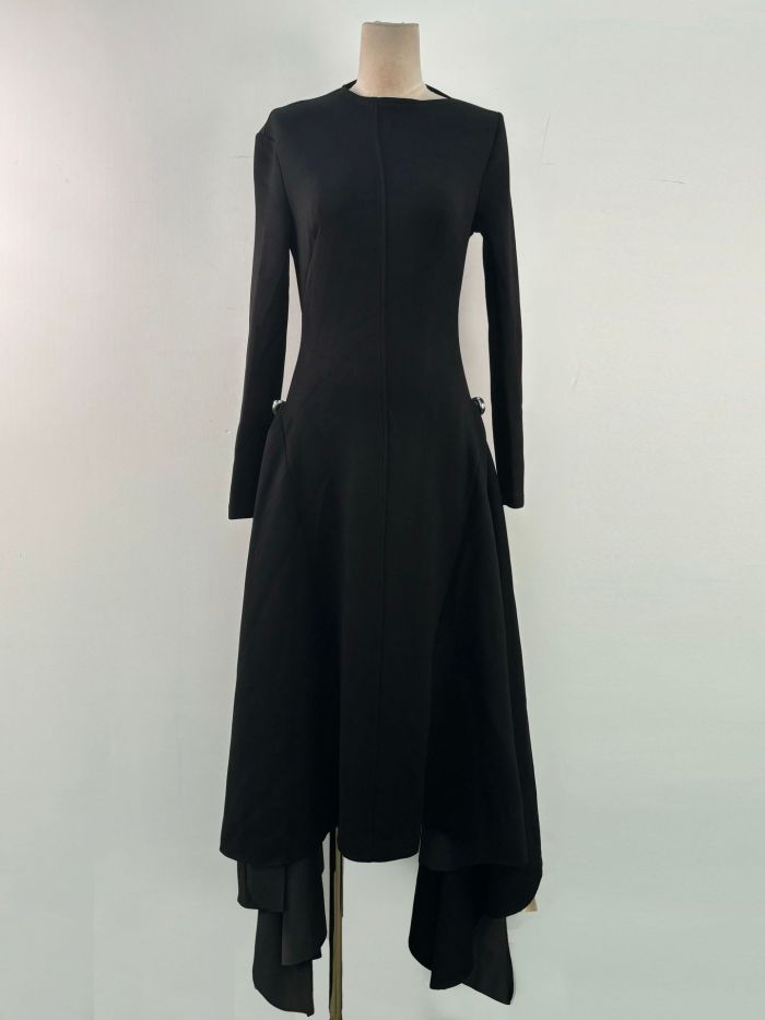 Dress Skew Collar Long Sleeves Waist Retraction Solid Color Asymmetric Hem Women's Dresses 13DL79900