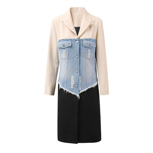 Contrast Color Denim Ripped Patchwork X-long Blazer Women's Lapel Loose Single Breasted Suit Jacket New  CPDB13212S