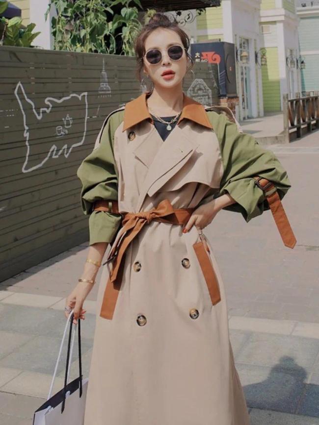 Three-color stitched belt long coat with windbreaker design  2DA171804S
