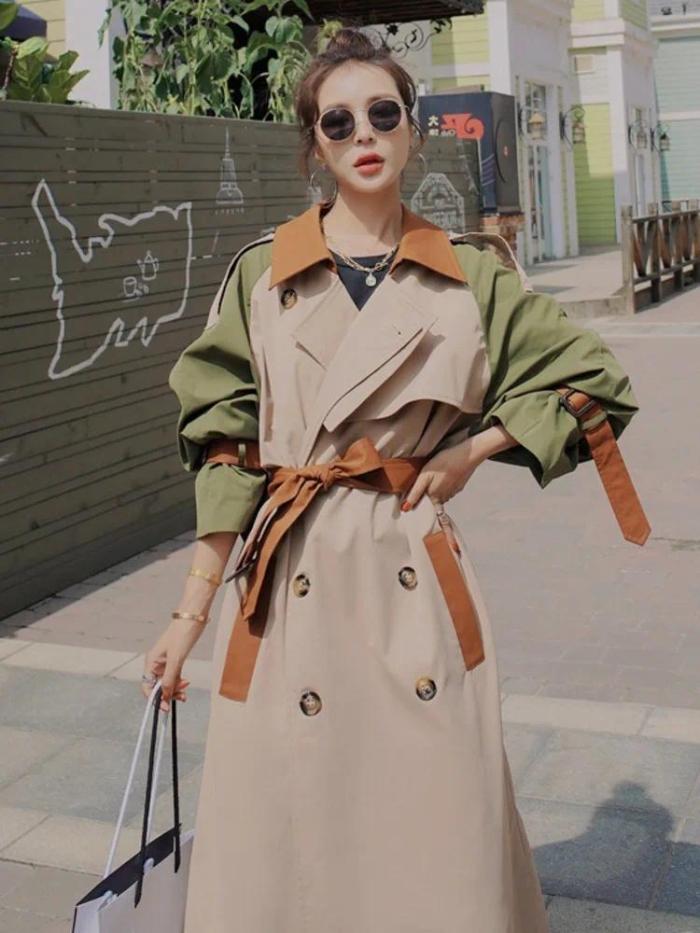 Three-color stitched belt long coat with windbreaker design  2DA171804S
