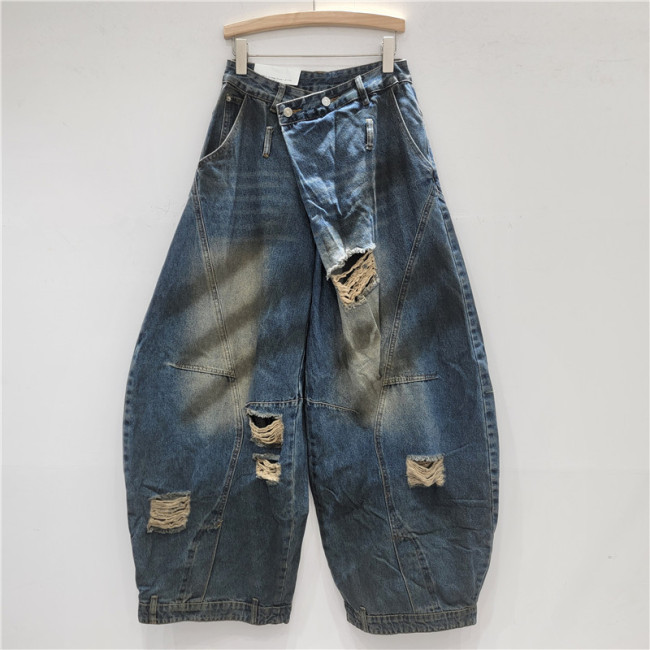 Blue trendy ripped denim skinny pants with wide legs  DLZ91205M