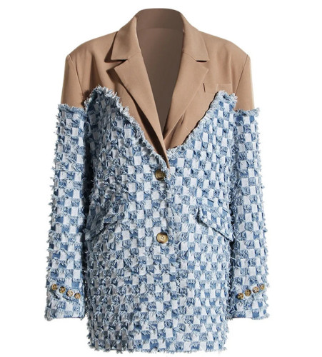 Denim Color-block Blazer Women New Lapel Long Sleeve Loose Fit Jacket Fashion Tide Spring Autumn  DLZ91504S