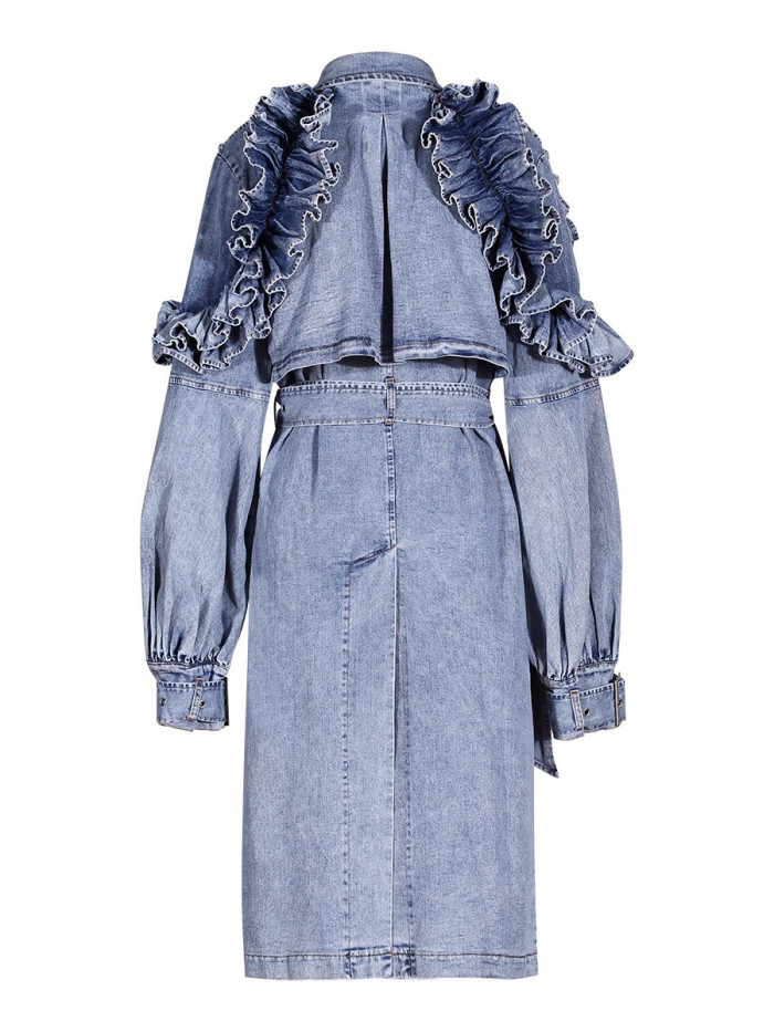 A stylish trench coat with a waist-hugging design and a denim leaf-shaped windbreaker style. DLZF9905S