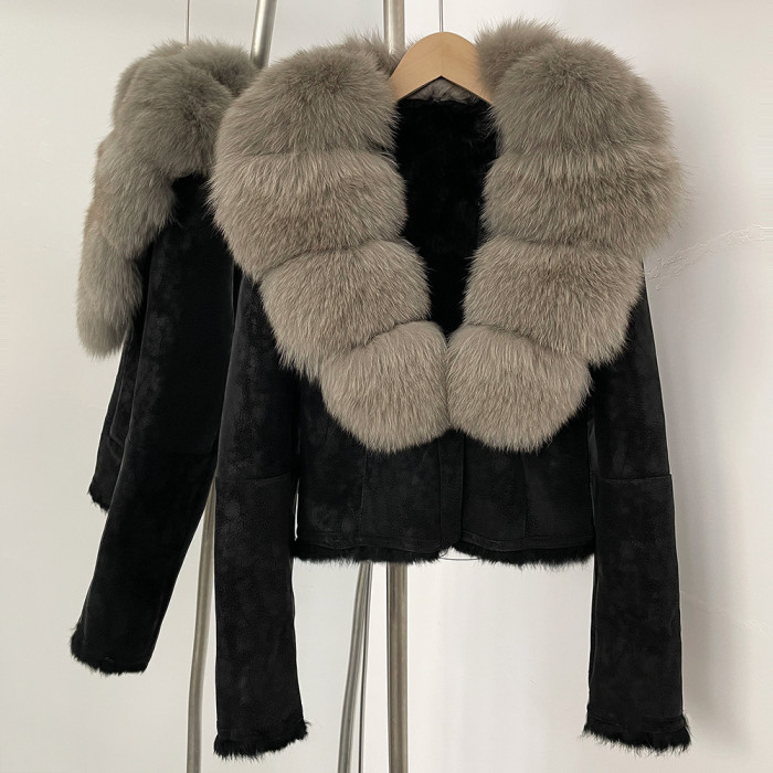 Real Fox Large Fur Collar European Style Winter Elegant Short Beige Wool One-Piece Warmth Jacket