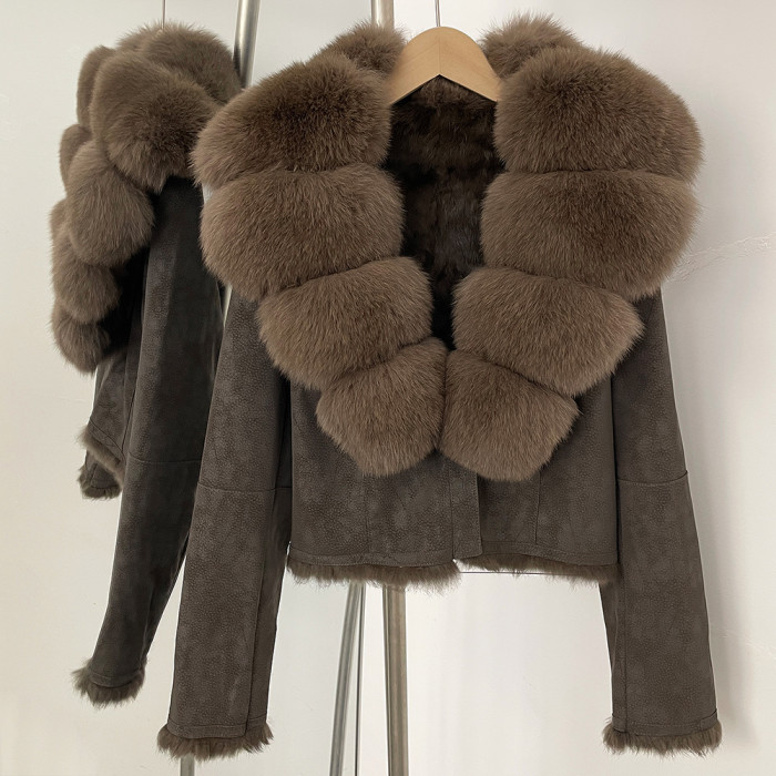 Real Fox Large Fur Collar European Style Winter Elegant Short Beige Wool One-Piece Warmth Jacket