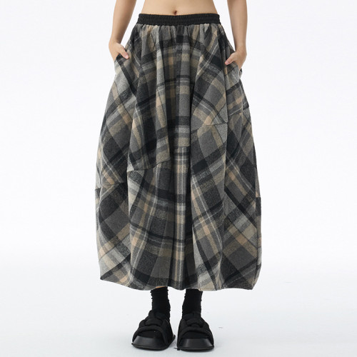 High Elastic Waist Dark Gray Plaid Vintage Woolen Bud Half-body Skirt Women Fashion Tide New Spring Autumn DLZ0401