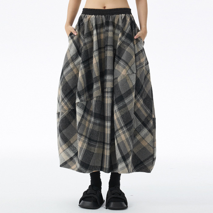 High Elastic Waist Dark Gray Plaid Vintage Woolen Bud Half-body Skirt Women Fashion Tide New Spring Autumn DLZ0401