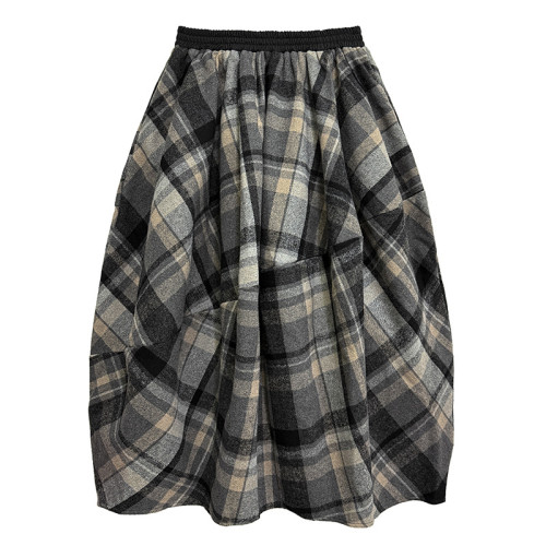 High Elastic Waist Dark Gray Plaid Vintage Woolen Bud Half-body Skirt Women Fashion Tide New Spring Autumn DLZ0401