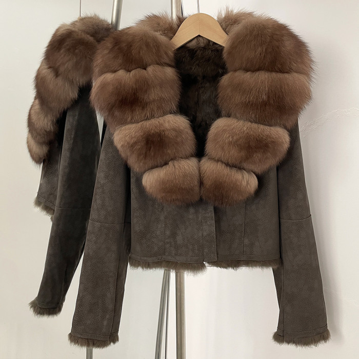 Real Fox Large Fur Collar European Style Winter Elegant Short Beige Wool One-Piece Warmth Jacket