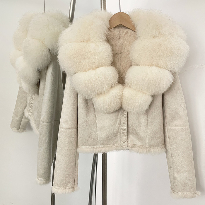 Real Fox Large Fur Collar European Style Winter Elegant Short Beige Wool One-Piece Warmth Jacket