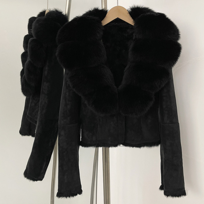 Real Fox Large Fur Collar European Style Winter Elegant Short Beige Wool One-Piece Warmth Jacket