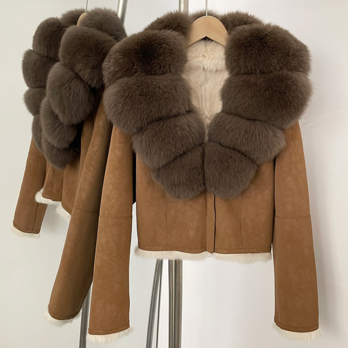 Real Fox Large Fur Collar European Style Winter Elegant Short Beige Wool One-Piece Warmth Jacket