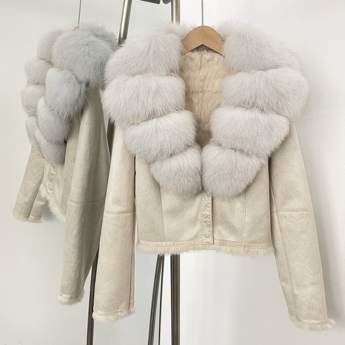 Real Fox Large Fur Collar European Style Winter Elegant Short Beige Wool One-Piece Warmth Jacket