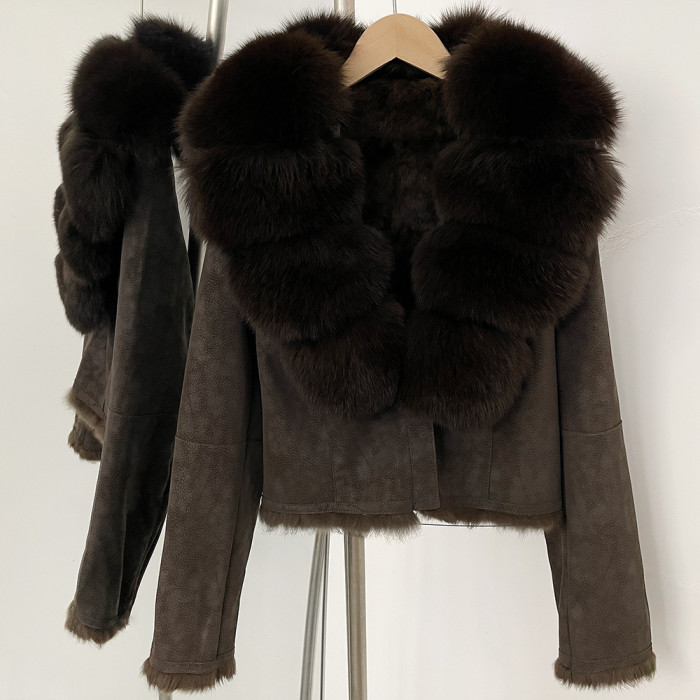 Real Fox Large Fur Collar European Style Winter Elegant Short Beige Wool One-Piece Warmth Jacket