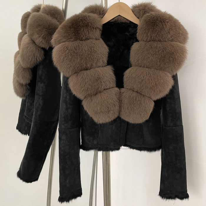 Real Fox Large Fur Collar European Style Winter Elegant Short Beige Wool One-Piece Warmth Jacket
