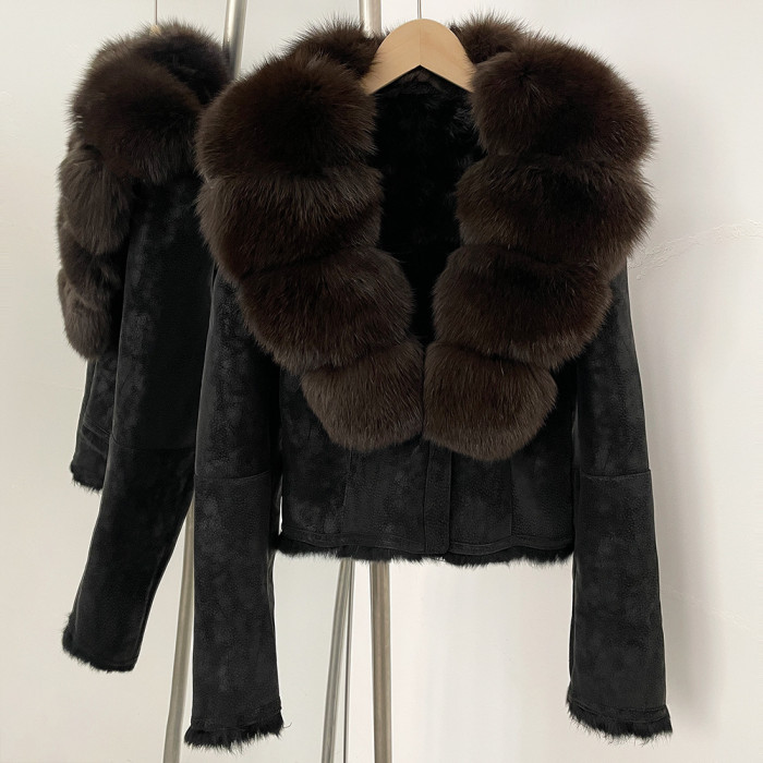 Real Fox Large Fur Collar European Style Winter Elegant Short Beige Wool One-Piece Warmth Jacket