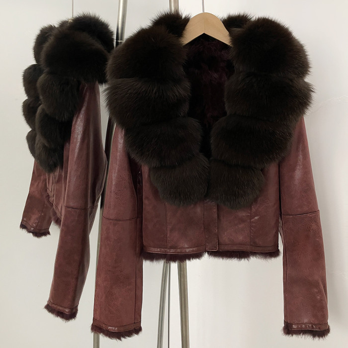 Real Fox Large Fur Collar European Style Winter Elegant Short Beige Wool One-Piece Warmth Jacket