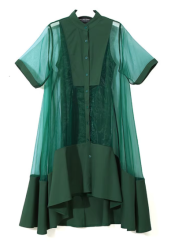 Women Green Organza Irregular Shirt Dress New Stand Collar Half Sleeve Loose Fit Fashion Tide Spring Summer  JT581