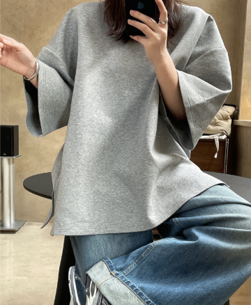  Women Beige Gray Side Slit Big Size Casual T-shirt New Round Neck Half Sleeve Fashion Tide Spring Autumn  1DH6479