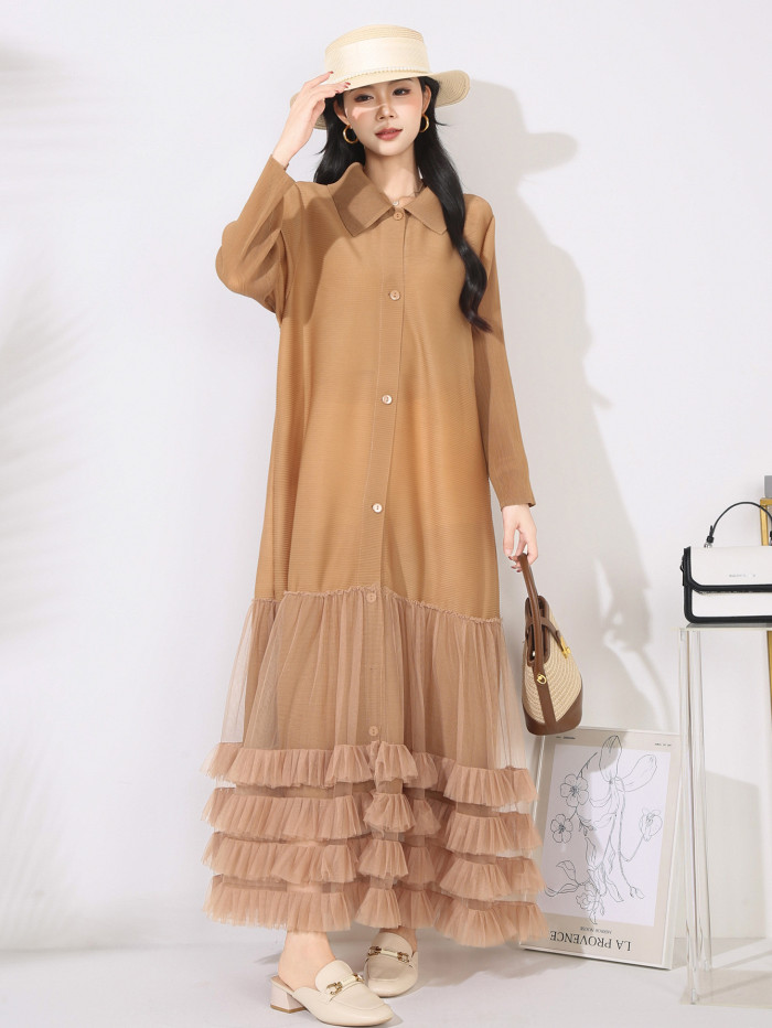 Pleated Loose Women's Single Breated Cardigan Dress Fashionable Elegant Lapel Mesh Patchwork Famale Clothing 2DB4463
