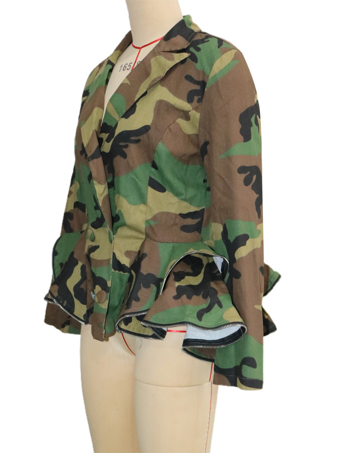 New trendy camouflage print suit collar double-breasted long-sleeved coat DLZ92009S