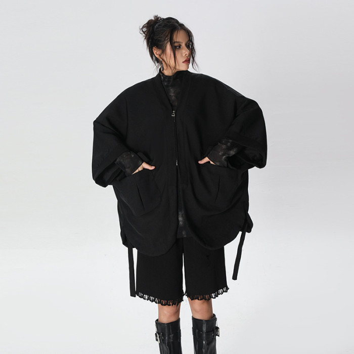 Batwing sleeve patch pocket solid color cardigan windbreaker  DLZ92001