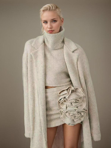 New solid-color long coat, high-neck sweater, three-piece semi-skirt set with three-dimensional flowers  DLZ092012