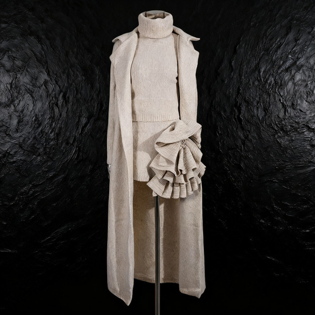 New solid-color long coat, high-neck sweater, three-piece semi-skirt set with three-dimensional flowers  DLZ092012