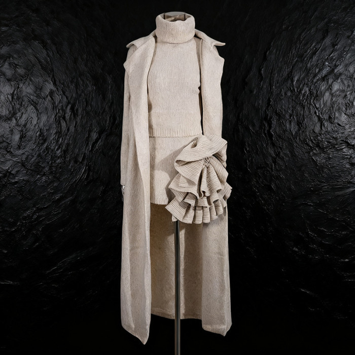 New solid-color long coat, high-neck sweater, three-piece semi-skirt set with three-dimensional flowers  DLZ092012
