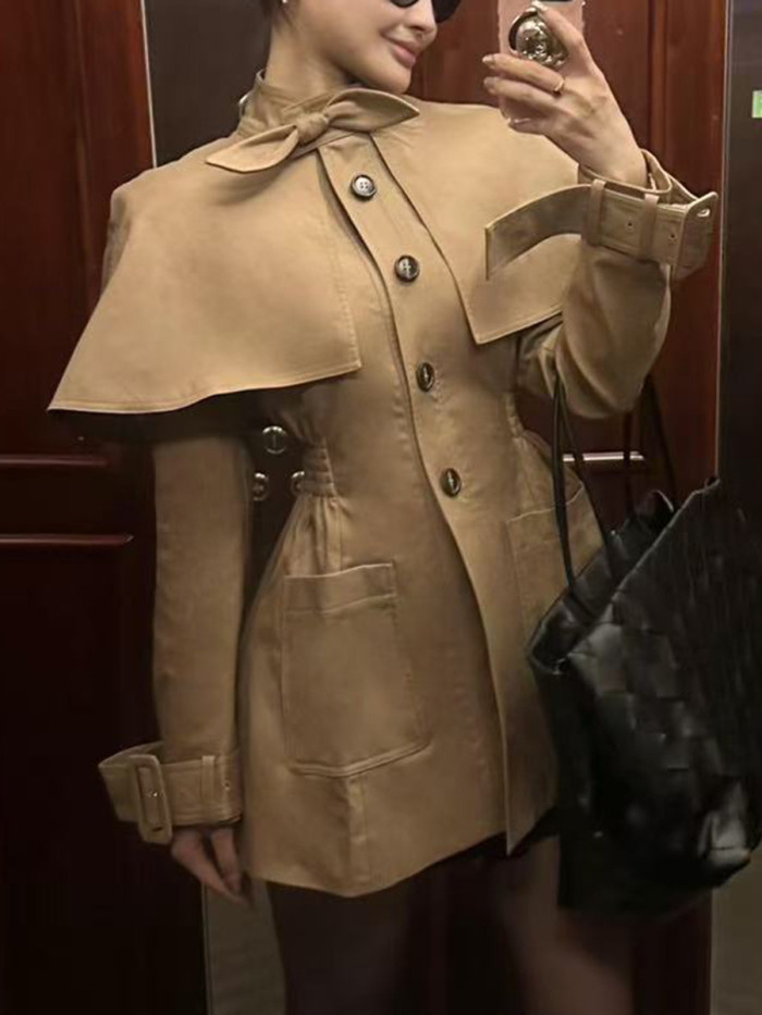 Single-button bowtie design long-sleeved fitted jacket-style coat  DLZ16204S
