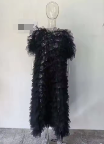 Purple Mesh Long Dress For Women Fashion Ruffle Tierred Short Sleeve Loose Elastic Dresses  DLZ98201