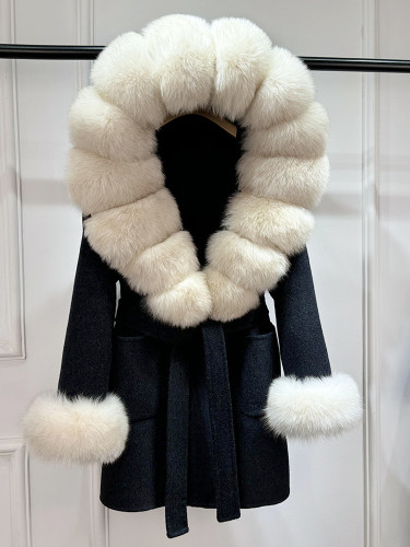 Double-sided cashmere coat for women in long style, new design from Dongdaemun, with layered fur collar and cuffs made of plush fabric.  DLZ19312