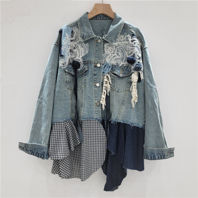 Heavyweight Flower Denim Jacket for Women - Loose Fit, Slimming, Mid-Length, Patchwork, Irregular Loose Denim Jacket  DLZNZ02