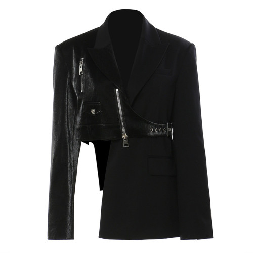  Women Black Irregular Pu Leather Blazer New Lapel Long Sleeve Loose Fit Jacket Fashion Tide Spring Autumn DLZA746601S