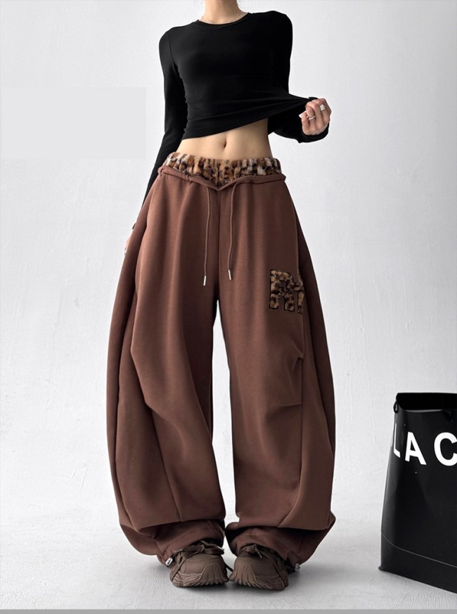 American-style retro plush leopard-print embroidered patchwork wide-leg casual jogger pants for women, jazz dance sportswear style, loose curved-leg pants