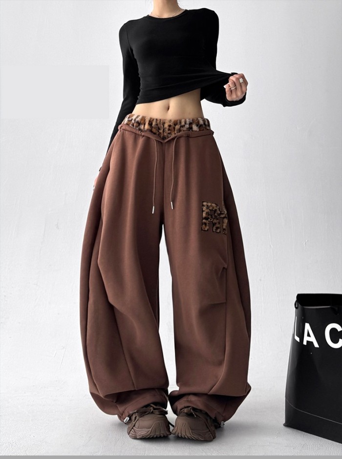 American-style retro plush leopard-print embroidered patchwork wide-leg casual jogger pants for women, jazz dance sportswear style, loose curved-leg pants