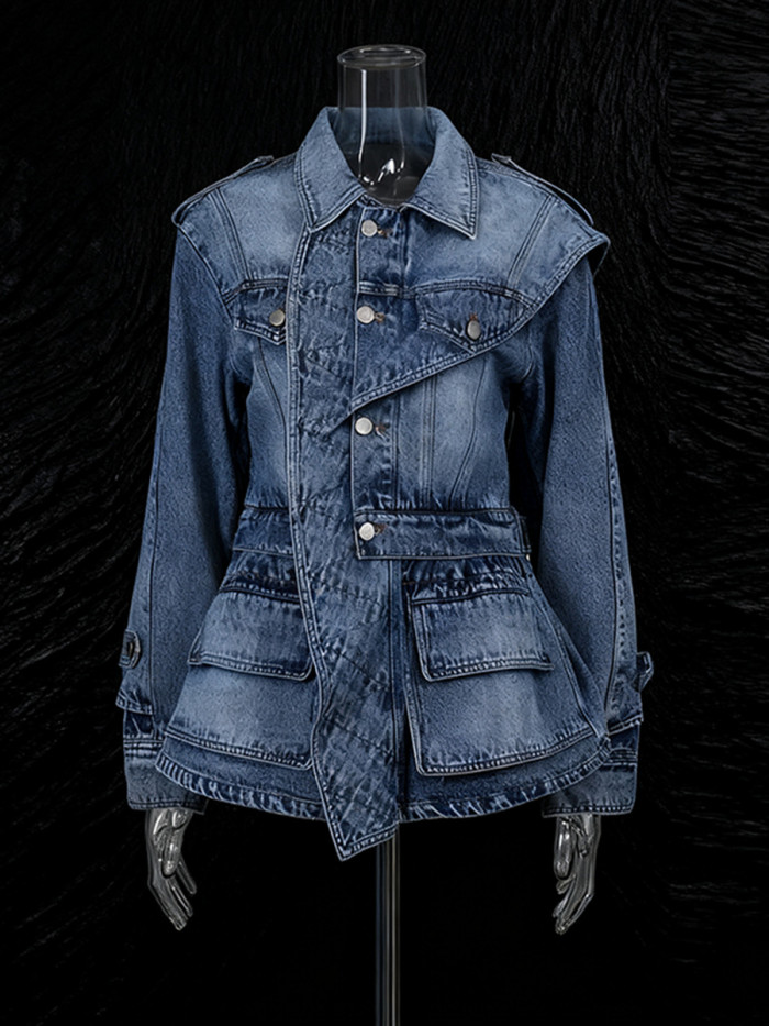 New fashionable ruffled single-button lapel three-dimensional denim coat DLZ10045S