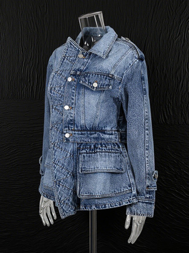 New fashionable ruffled single-button lapel three-dimensional denim coat DLZ10045S