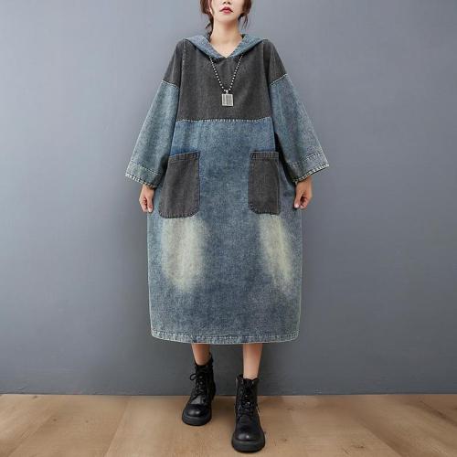 new autumn and winter fashion women dress hoodies pullover free size patchwork denim vestido  DLZ1005M