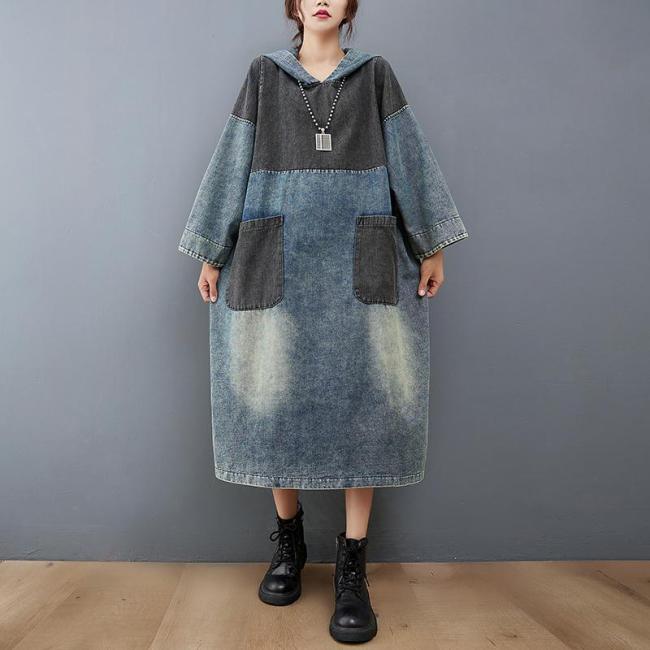 new autumn and winter fashion women dress hoodies pullover free size patchwork denim vestido  DLZ1005M