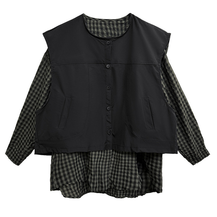 Retro patchwork double-breasted striped shirt in contrasting colors DLZ10704