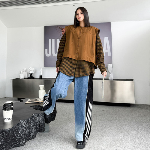 Retro patchwork double-breasted striped shirt in contrasting colors DLZ10704